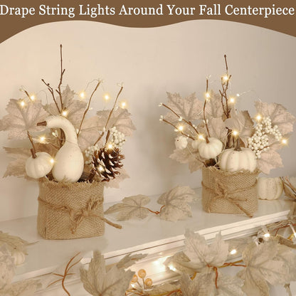 [Light & Timer] Fall Decor 2 Pack Fall Table Centerpieces with 20 LED Tabletop Maple Tree Pumpkin Pinecone Berry Branch Arrangement, Fall Decorations for Home Kitchen Halloween Thanksgiving