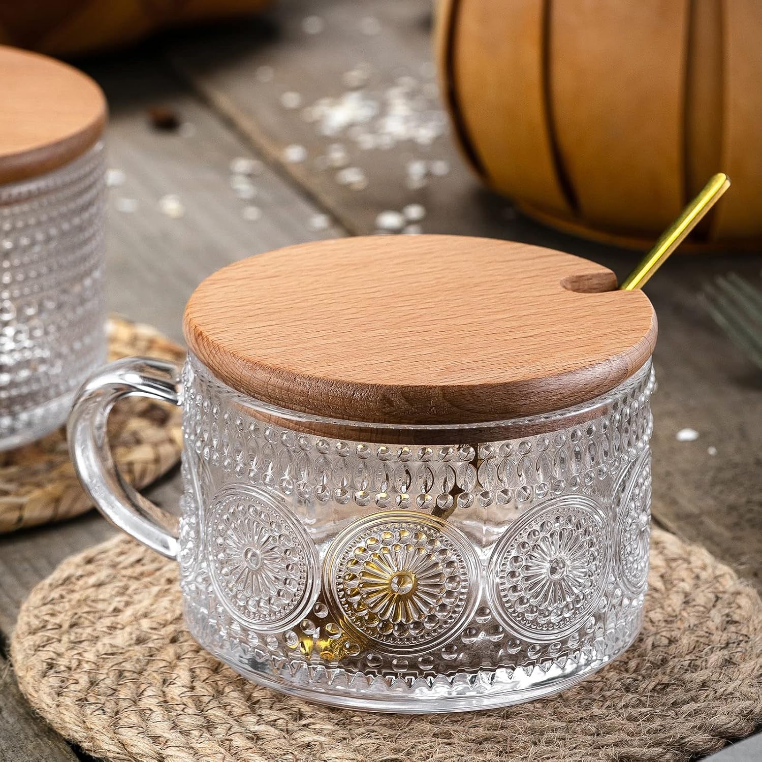 Vintage Glass Coffee Mugs with Wooden Lids 14 Oz Set of 2 Embossed Tea Cups for Cappuccino, Latte,Cereal, Beverage Christmas Thanksgiving Day Gifts