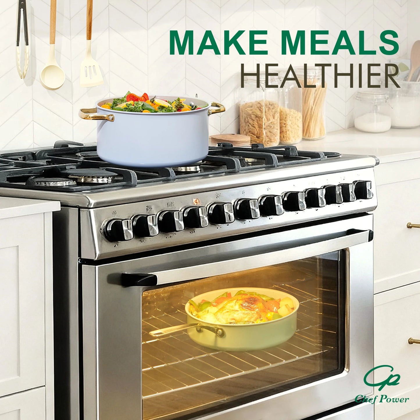 7 Pcs Ceramic Cookware Sets, Non-Stick Pots and Pans Set with Stainless Steel Handles, Dishwasher and Oven Safe, Light Blue with Light Gold Handles