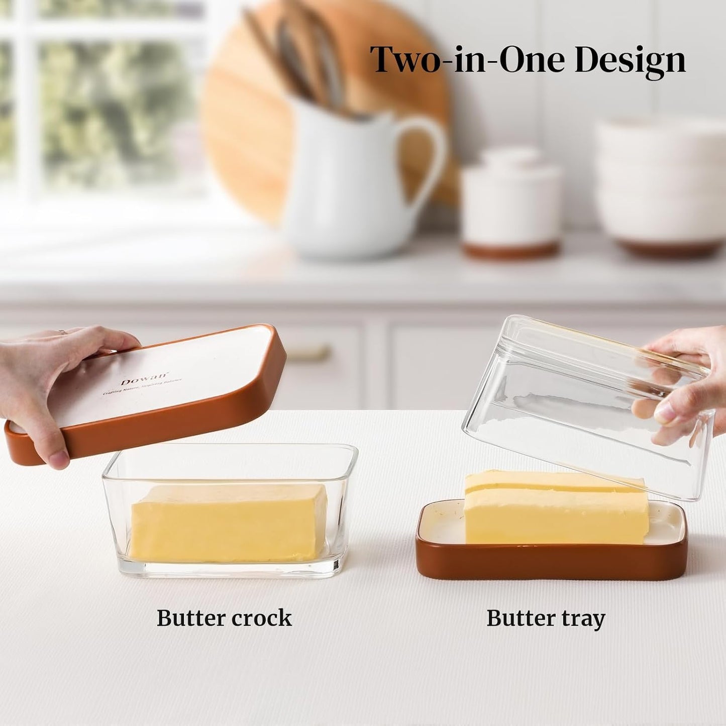 Glass Butter Dish with Ceramic Lid, Large Butter Container for 3 Sticks, 2-In-1 Butter Dish with Lid for Countertop, Multi-Purpose Preserving Keepers and Tray, Dishwasher Safe-Cozy Gift
