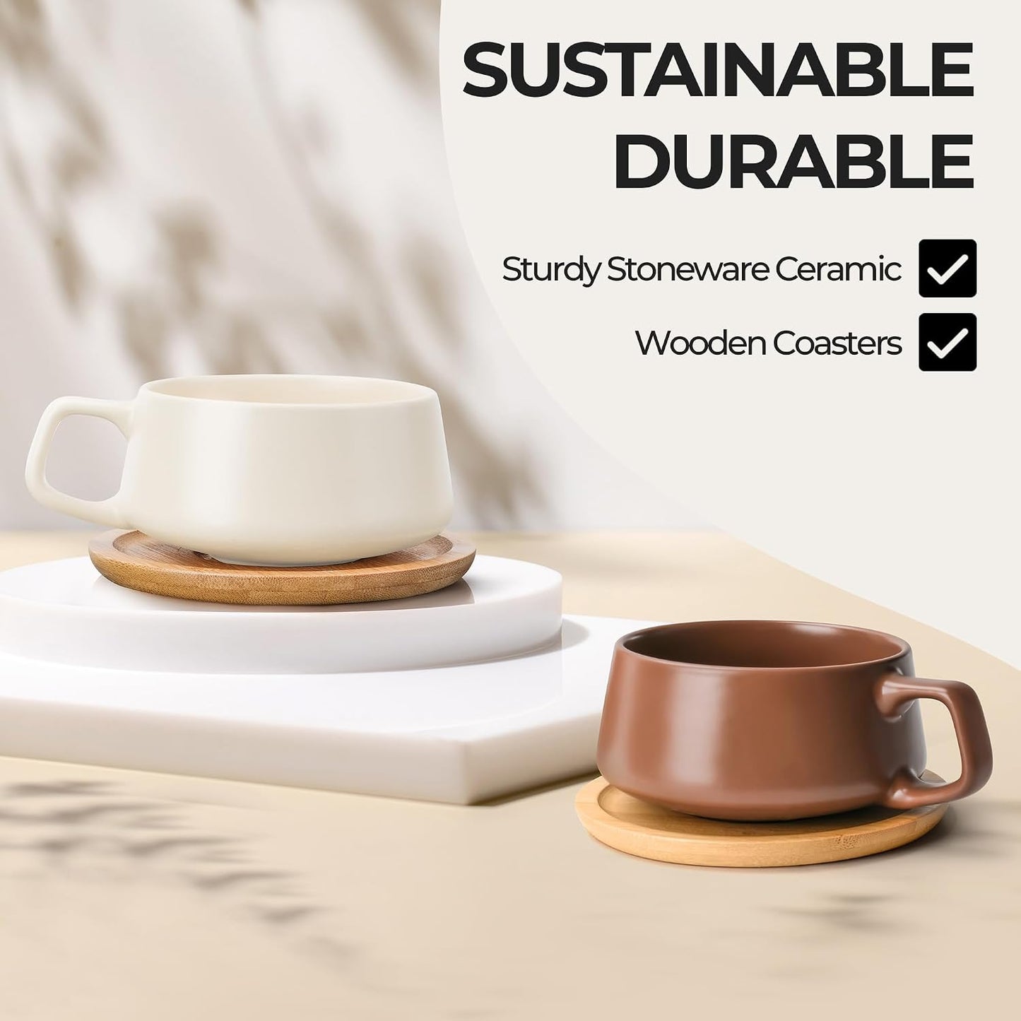 – 11 Oz., Set of 4 Ceramic Tea Cup and Saucer Bamboo/Tea Mug - Wide Cappuccino Cup, Coffee Cups Ceramic Mug for Cappuccino, Latte, Espresso & Americano - Luxe Collection (Beige Pastel)