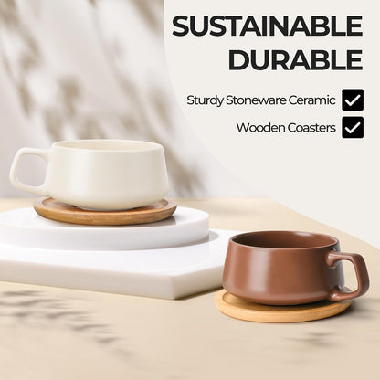 – 11 Oz., Set of 4 Ceramic Tea Cup and Saucer Bamboo/Tea Mug - Wide Cappuccino Cup, Coffee Cups Ceramic Mug for Cappuccino, Latte, Espresso & Americano - Luxe Collection (Beige Pastel)