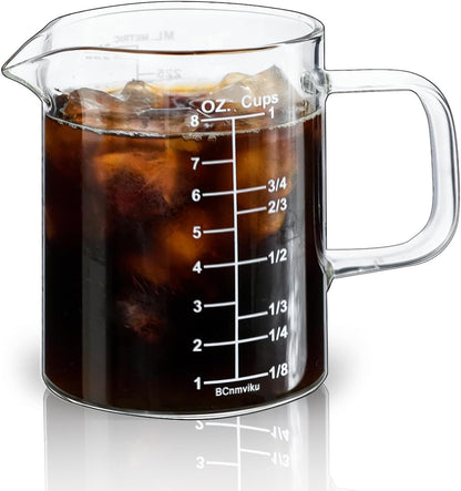 Glass Measuring Cup with Handle, 8OZ/250ML/1 CUP High Borosilicate Heat Resistant Glass Measuring Cup with Clear Markings (Oz, Cup, Ml) & Pour Spout, Microwave Safe