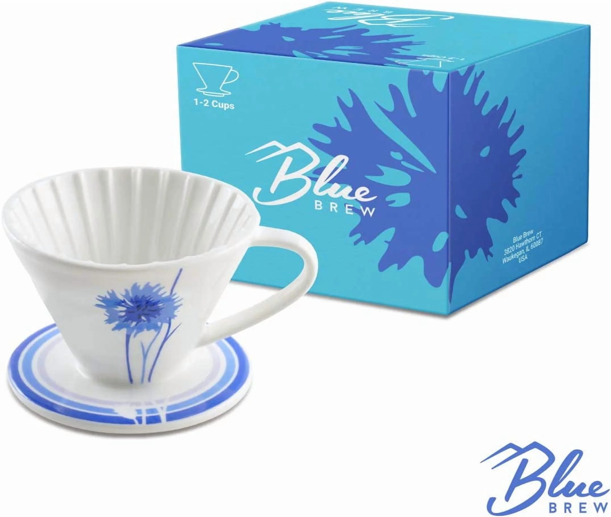 2PK (1-2 Cups) Ceramic Pour over Coffee Dripper, Blue Cornflower - Artisan Series (BB1001-P2)