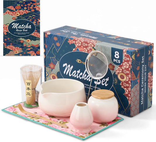 8Pcs Matcha Whisk Set - Matcha Whisk Set with Ceramic Matcha Bowls | Japanese Tea Set | Matcha Shaker | Matcha Making Kit | Matcha Set | Pink Matcha Kit