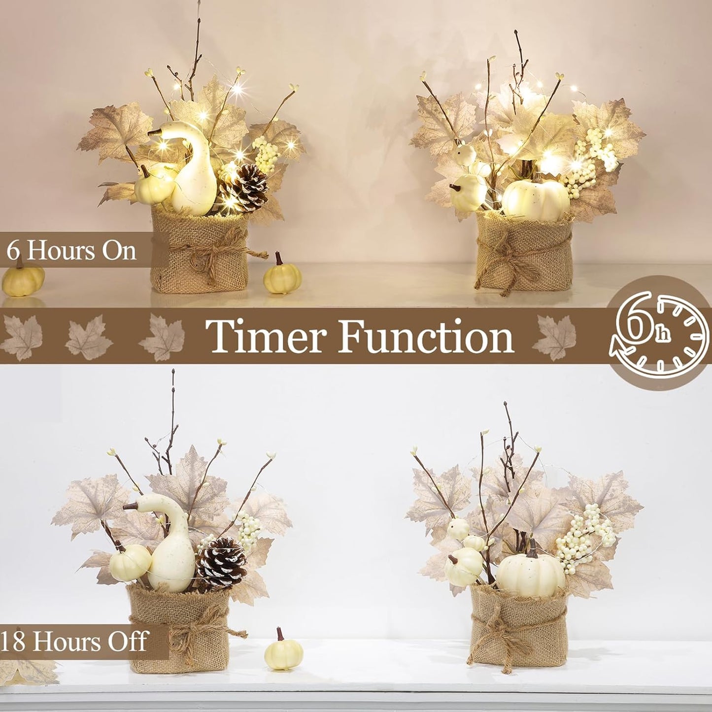 [Light & Timer] Fall Decor 2 Pack Fall Table Centerpieces with 20 LED Tabletop Maple Tree Pumpkin Pinecone Berry Branch Arrangement, Fall Decorations for Home Kitchen Halloween Thanksgiving