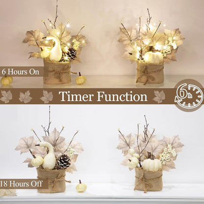 [Light & Timer] Fall Decor 2 Pack Fall Table Centerpieces with 20 LED Tabletop Maple Tree Pumpkin Pinecone Berry Branch Arrangement, Fall Decorations for Home Kitchen Halloween Thanksgiving