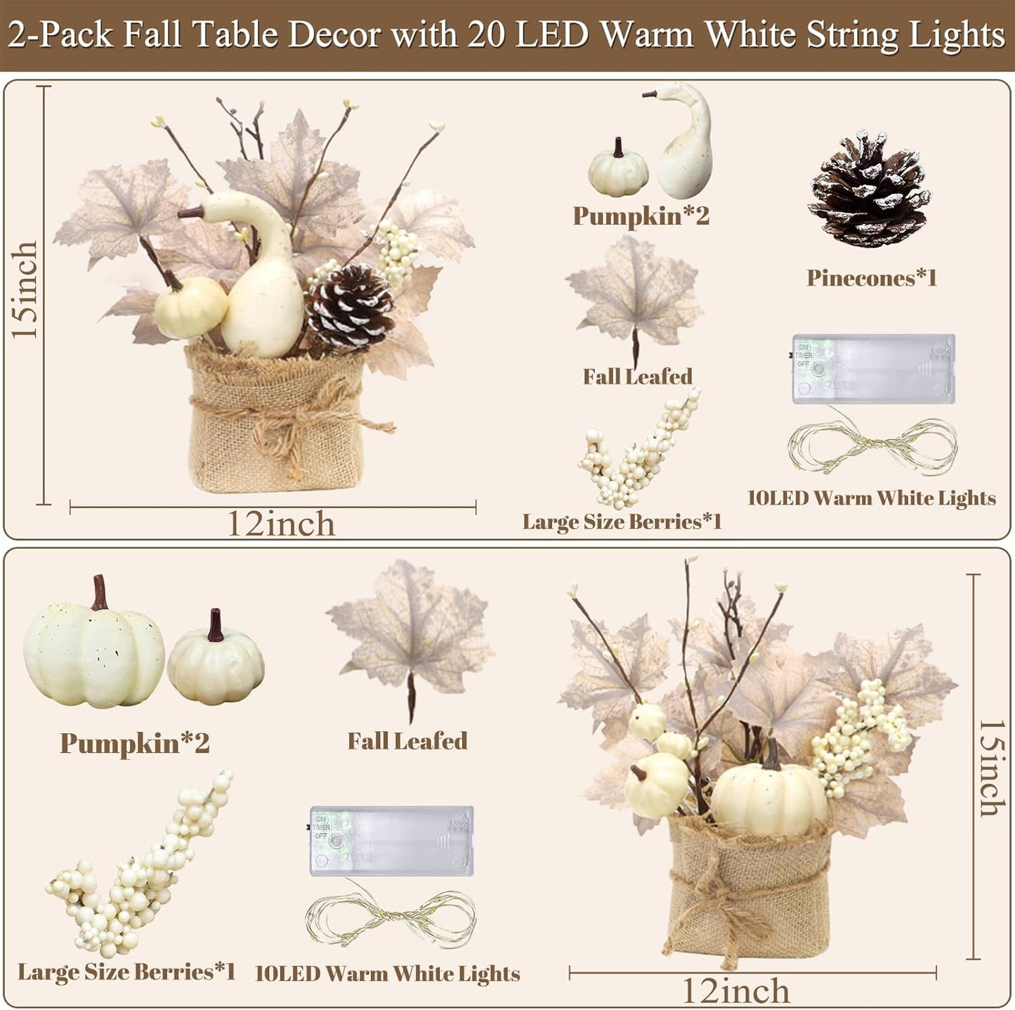 [Light & Timer] Fall Decor 2 Pack Fall Table Centerpieces with 20 LED Tabletop Maple Tree Pumpkin Pinecone Berry Branch Arrangement, Fall Decorations for Home Kitchen Halloween Thanksgiving