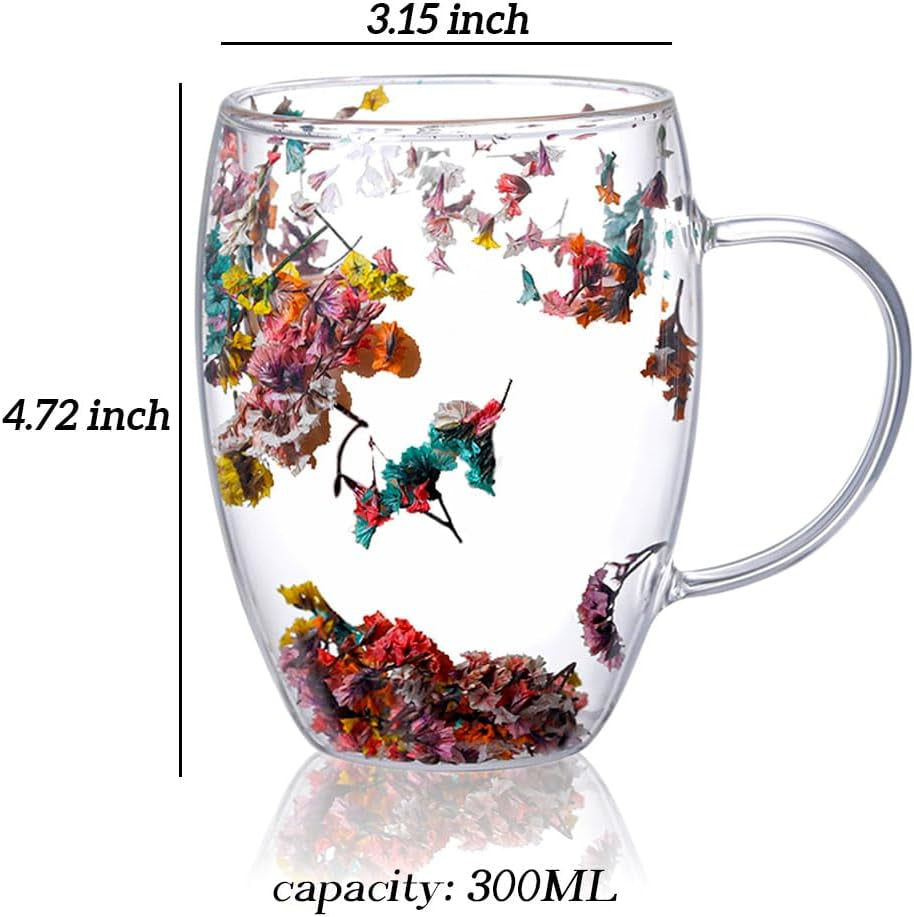 Flower Double Wall Clear Glass Coffee Mugs Creative Clear Glass Cups with Handle Flowers Double Insulated Glass Cup for Hot Cold Beverages Cappuccino Latte, Espresso Juice Glass Coffee Cups