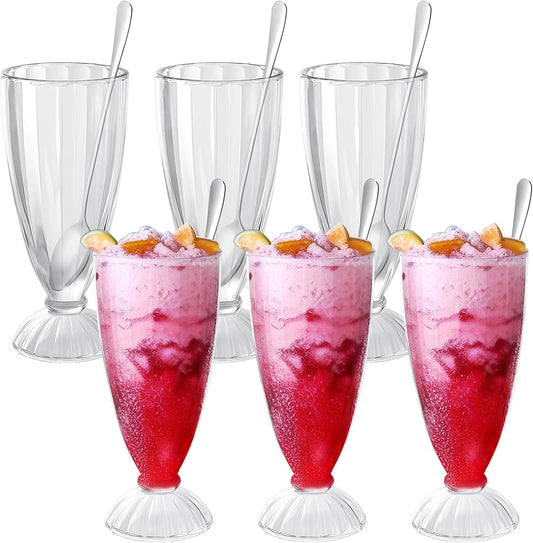6 Set 12 Oz Milkshake Glass with Long Metal Spoons Clear Ice Cream Soda Glasses Fountain Shoppe Classic Transparent Cup with Long Stainless Steel Spoons for Milk Shake Dessert Ice Cream