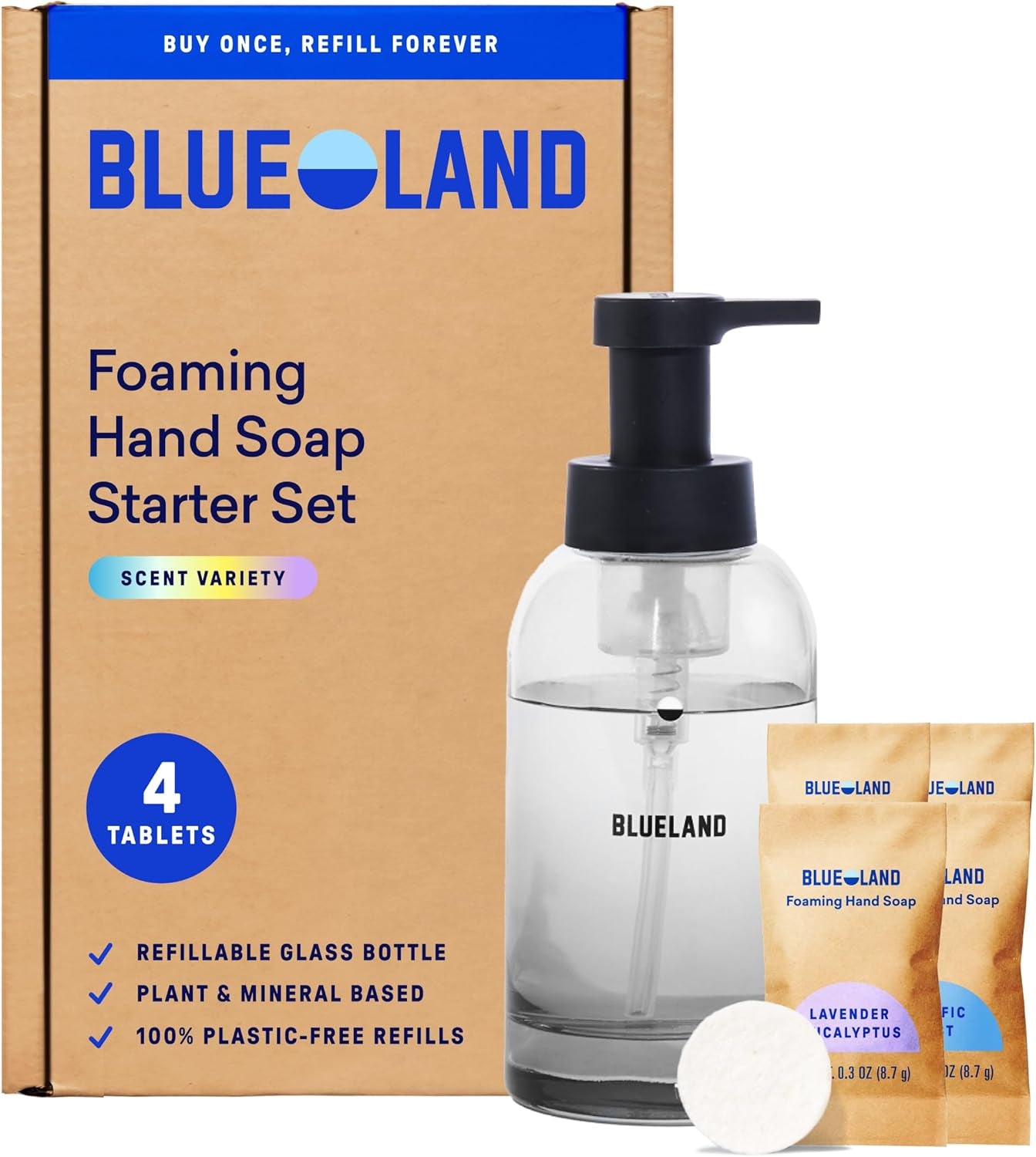 BLUELAND Hand Soap Starter Set, 1 Refillable Glass Foaming Hand Soap Dispenser in Slate with 4 Refill Tablets, Variety Scents, 4 X 9 Fl Oz