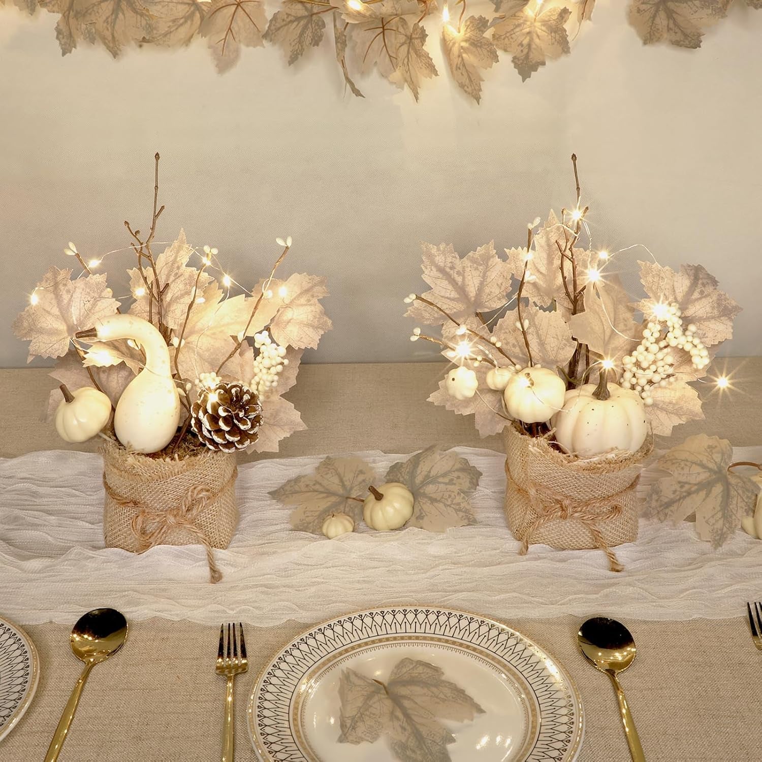 [Light & Timer] Fall Decor 2 Pack Fall Table Centerpieces with 20 LED Tabletop Maple Tree Pumpkin Pinecone Berry Branch Arrangement, Fall Decorations for Home Kitchen Halloween Thanksgiving