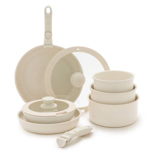 10-Piece Detachable Handle & Stackable Nonstick Cookware Set, Cream