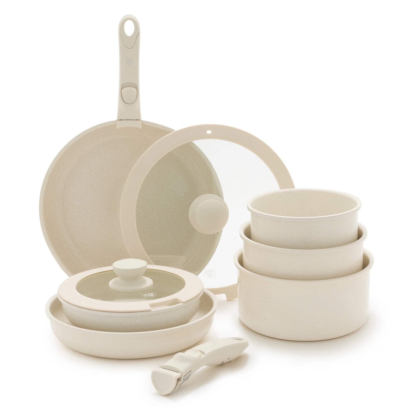 10-Piece Detachable Handle & Stackable Nonstick Cookware Set, Cream