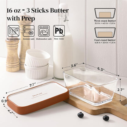 Glass Butter Dish with Ceramic Lid, Large Butter Container for 3 Sticks, 2-In-1 Butter Dish with Lid for Countertop, Multi-Purpose Preserving Keepers and Tray, Dishwasher Safe-Cozy Gift