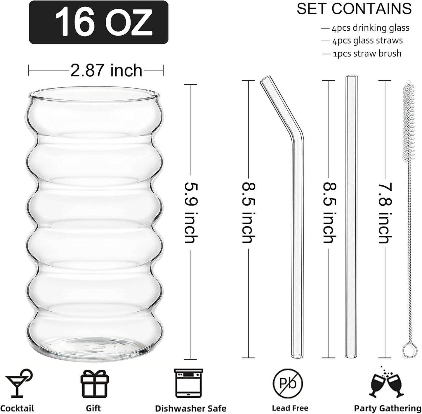 Ribbed Drinking Glass Cups with Straws Set of 4, 16 Oz Aesthetic Iced Coffee Glasses, Wave Bubble Tumbler, Ripple Glassware, Beer Glasses for Coctail, Milk, Soda, Gift with Brush