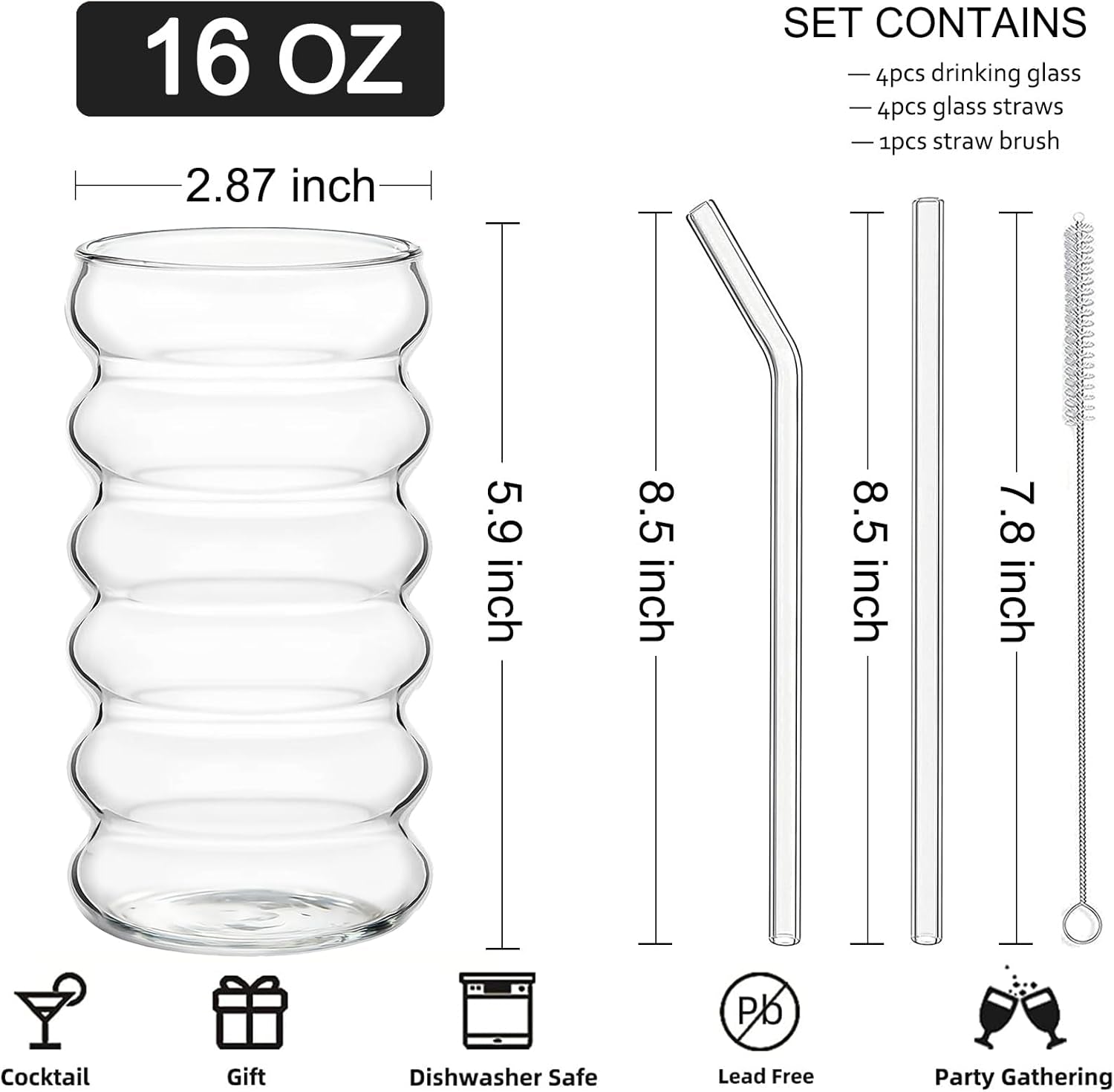 Ribbed Drinking Glass Cups with Straws Set of 4, 16 Oz Aesthetic Iced Coffee Glasses, Wave Bubble Tumbler, Ripple Glassware, Beer Glasses for Coctail, Milk, Soda, Gift with Brush