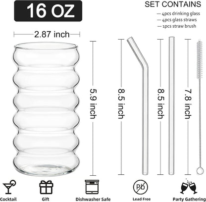 Ribbed Drinking Glass Cups with Straws Set of 4, 16 Oz Aesthetic Iced Coffee Glasses, Wave Bubble Tumbler, Ripple Glassware, Beer Glasses for Coctail, Milk, Soda, Gift with Brush