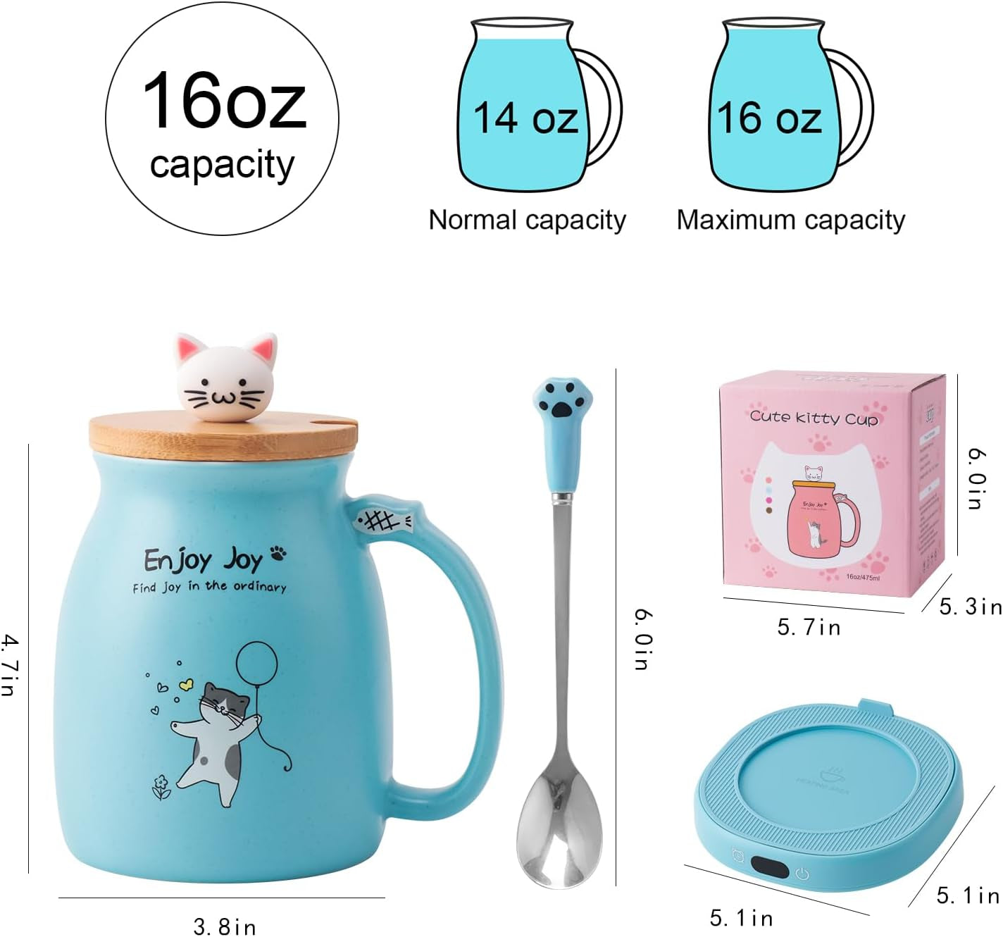 Coffee Mug Warmer & Cute Cat Mug Set, Candle Mug Warmer for Home & Office, Electric Smart Coffee Warmer for Desk, Beverage Tea Coffee Cup Warmer with 3-Temp Settings, 8H Auto Shut Off, Blue