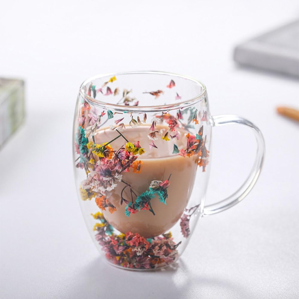 Flower Double Wall Clear Glass Coffee Mugs Creative Clear Glass Cups with Handle Flowers Double Insulated Glass Cup for Hot Cold Beverages Cappuccino Latte, Espresso Juice Glass Coffee Cups