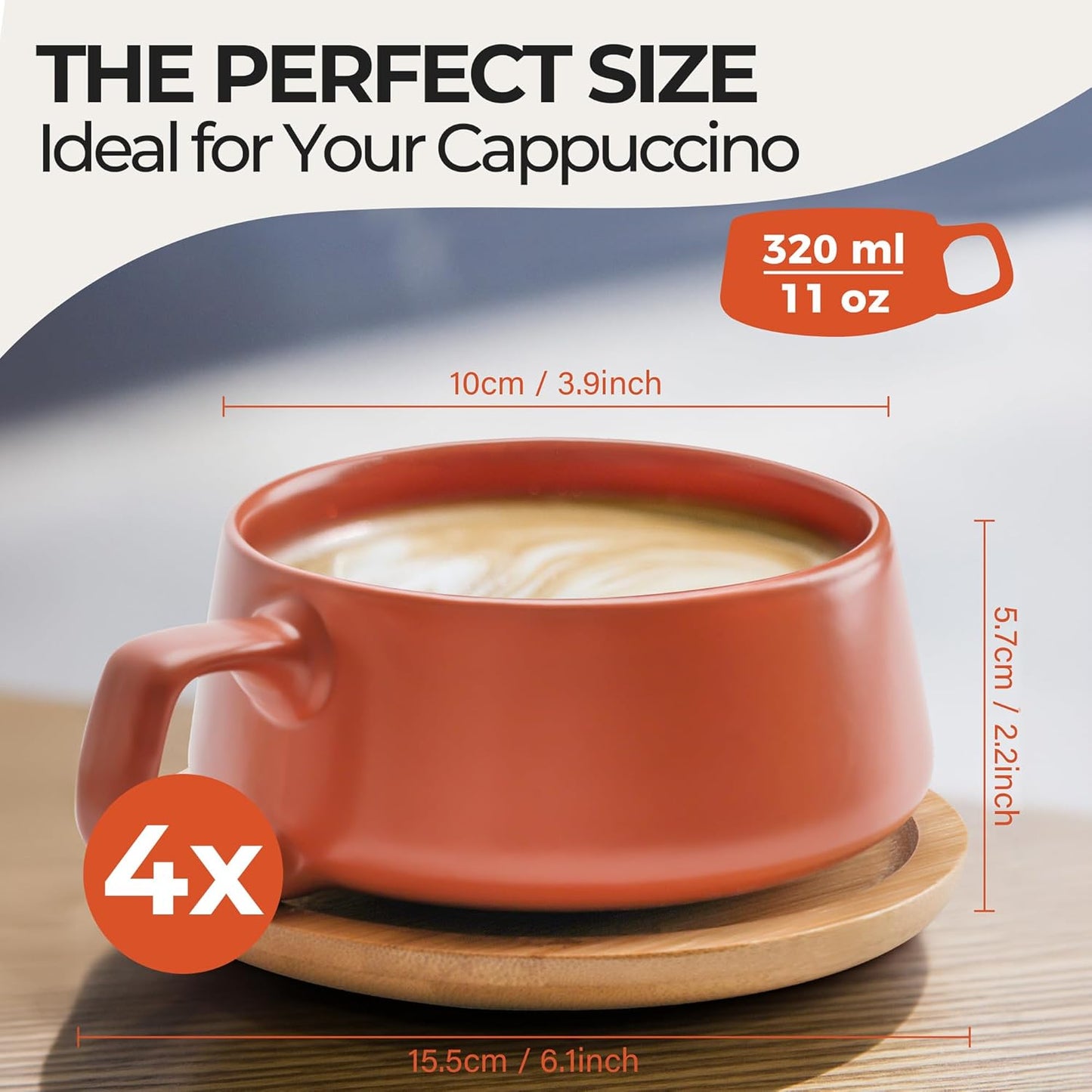 – 11 Oz., Set of 4 Ceramic Tea Cup and Saucer Bamboo/Tea Mug - Wide Cappuccino Cup, Coffee Cups Ceramic Mug for Cappuccino, Latte, Espresso & Americano - Luxe Collection (Beige Pastel)