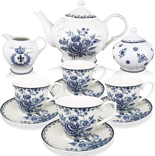 Blue Dream Tea Set, 48Oz Teapot, 8Oz Tea Cups, Saucers, Sugar Bowl, Creamer, Porcelain, Blue