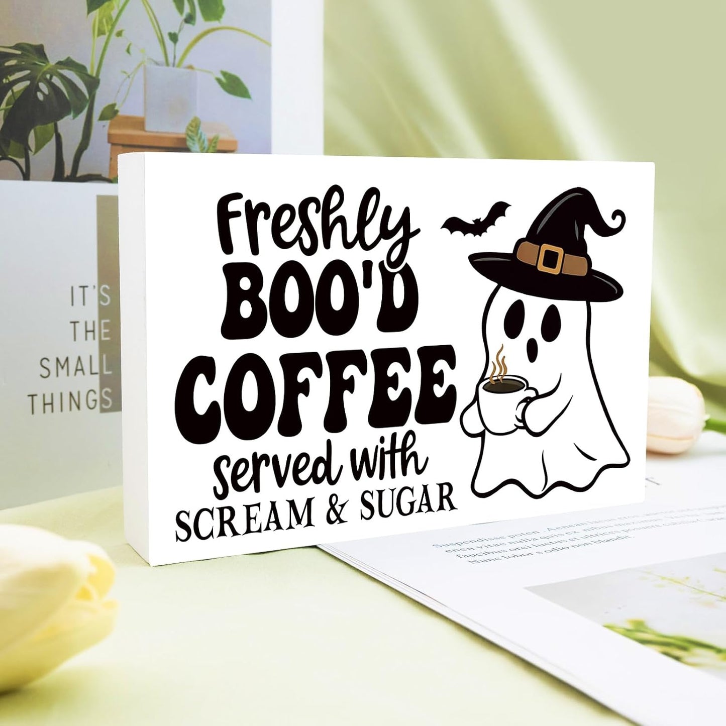Coffee Bar Sign Cute Halloween Gifts for Women Kitchen Decor Wood Box Halloween Signs Indoor Freshly Booed Coffee Ghost Decor