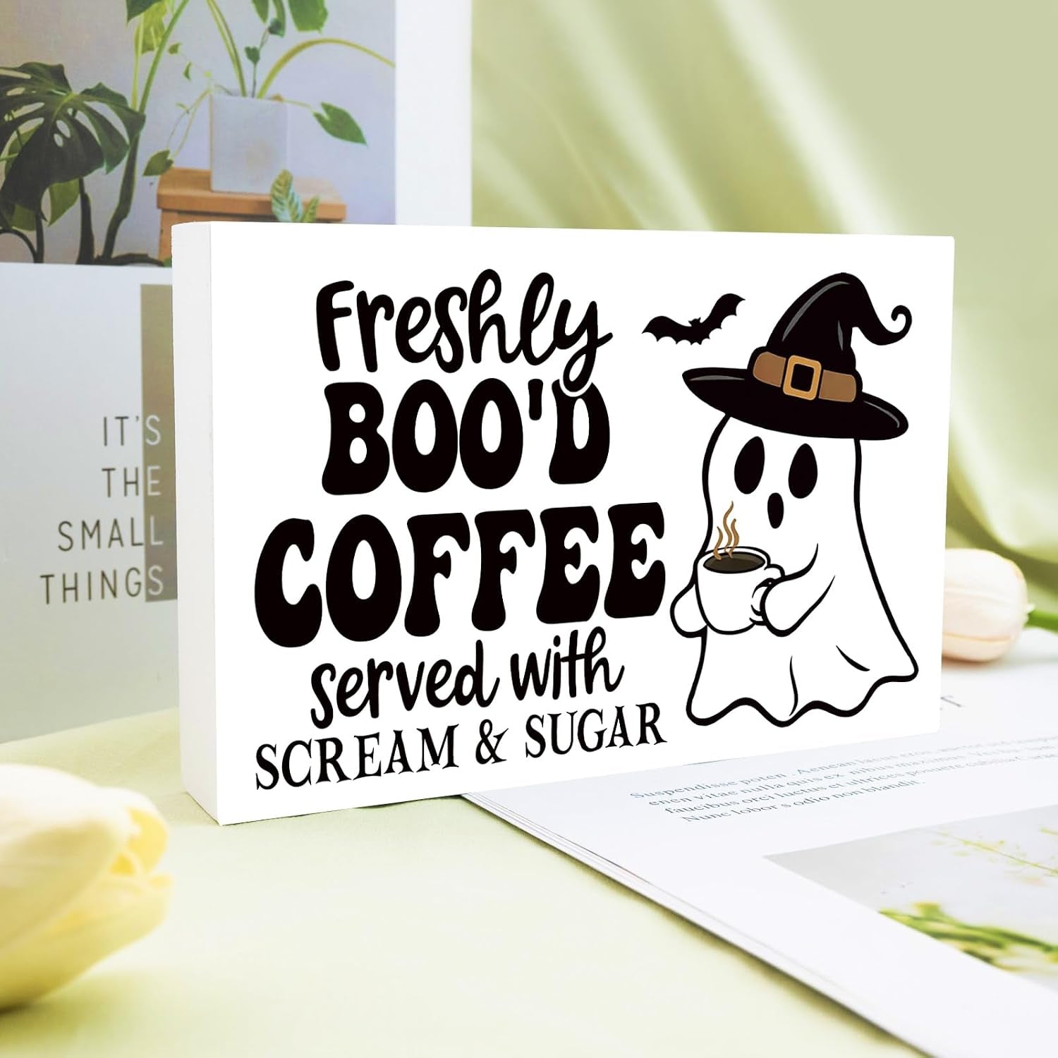 Coffee Bar Sign Cute Halloween Gifts for Women Kitchen Decor Wood Box Halloween Signs Indoor Freshly Booed Coffee Ghost Decor