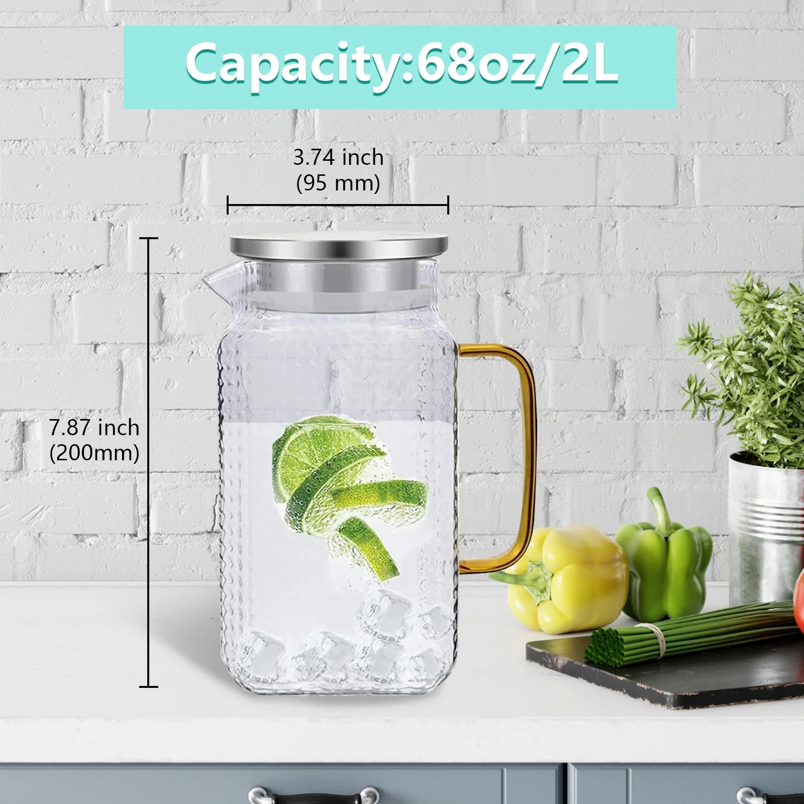 68Oz Glass Pitcher with Stainless Steel Lid and Handle,Clear Iced Tea Brewing Pitcher for Beverage,Lemonade