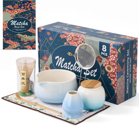 8Pcs Matcha Whisk Set - Matcha Whisk Set with Ceramic Matcha Bowls | Japanese Tea Set | Matcha Shaker | Matcha Making Kit | Matcha Set | Blue Matcha Kit