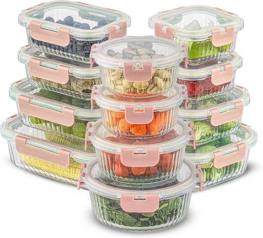 24Pc Borosilicate Glass Storage Containers with Lids | 12 Airtight/Freezer Safe Food Storage Containers for Pantry and Kitchen | Meal Prep Container for Lunch | Glass Tupperware Set