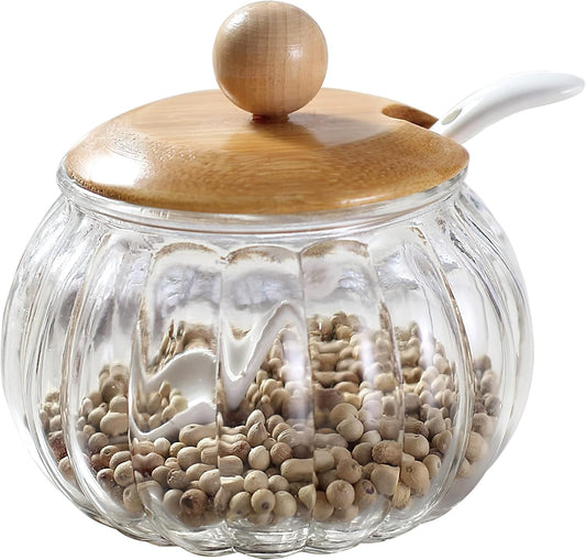 Salt Cellar, 8 Oz / 250 ML Glass Container with Bamboo Lid, Cute Pumpkin Condiment Jar, Storage Canister with Scoop, Kitchen Countertop Seasoning Bowl for Sugar, Spice, Pepper