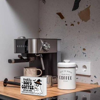 Coffee Bar Sign Cute Halloween Gifts for Women Kitchen Decor Wood Box Halloween Signs Indoor Freshly Booed Coffee Ghost Decor