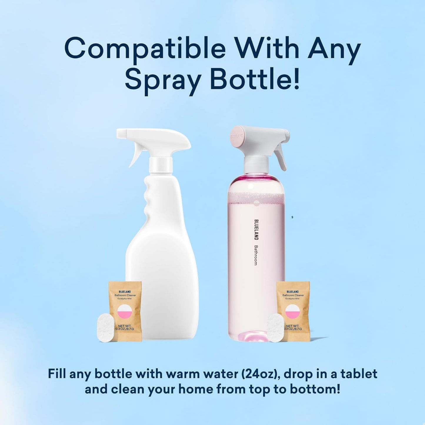 Bathroom Cleaner, Starter Set, Eucalyptus Mint Scent, Spray Bottle with 4 Refill Tablets, Eco-Friendly Cleaning Supplies, 4 X 24 Fl Oz