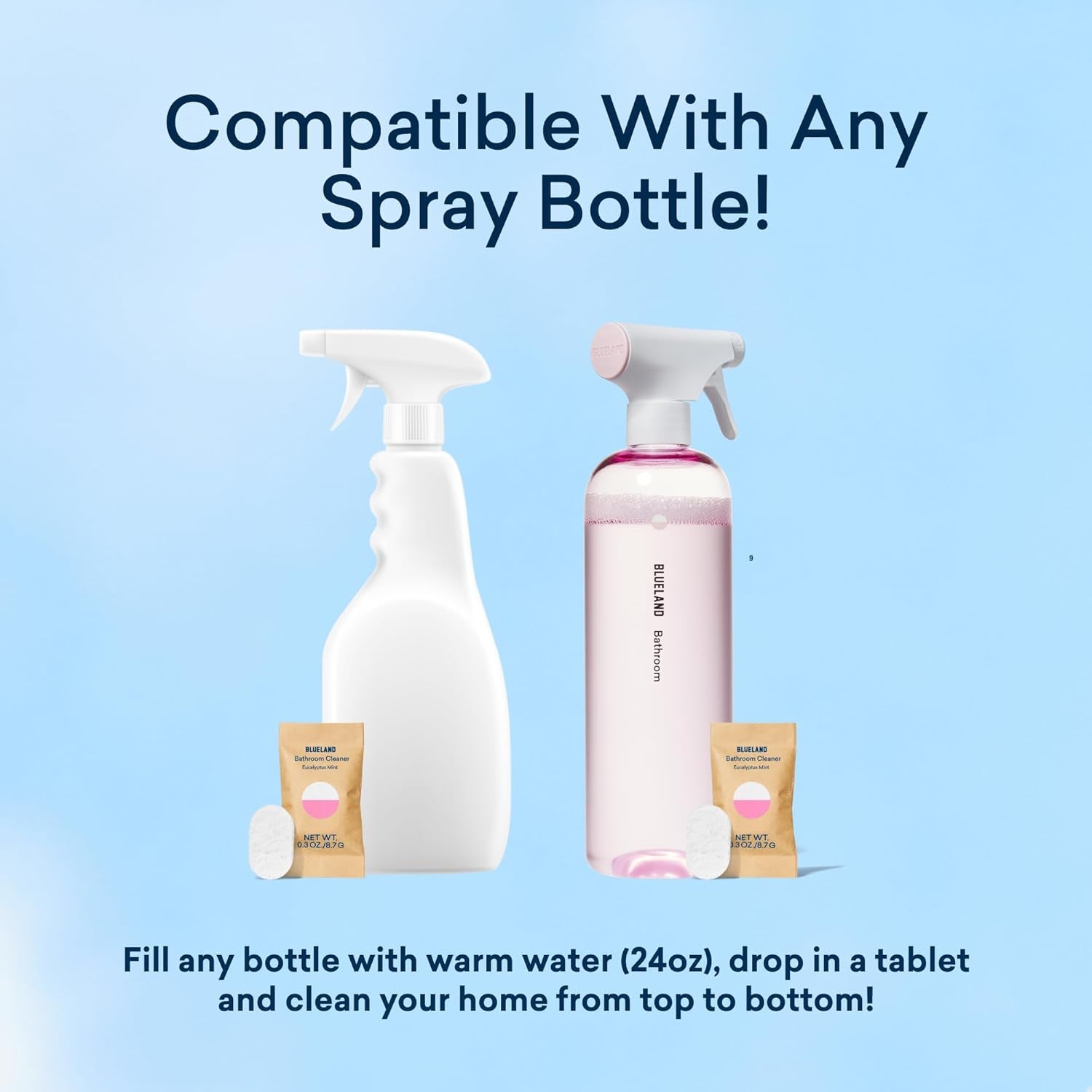 Bathroom Cleaner, Starter Set, Eucalyptus Mint Scent, Spray Bottle with 4 Refill Tablets, Eco-Friendly Cleaning Supplies, 4 X 24 Fl Oz