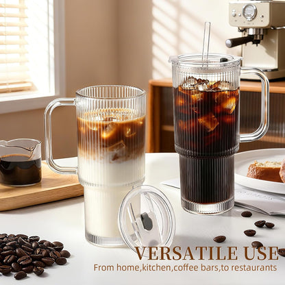 Iced Coffee Cups with Lids: Coffee Bar Accessories - Ribbed Glass Tumbler with Straw and Lid 4 Pack - 24Oz Tumbler Leak Proof - Glass Cups Tumbler with Lid and Straws - Coffee Tumbler with Handle700Ml