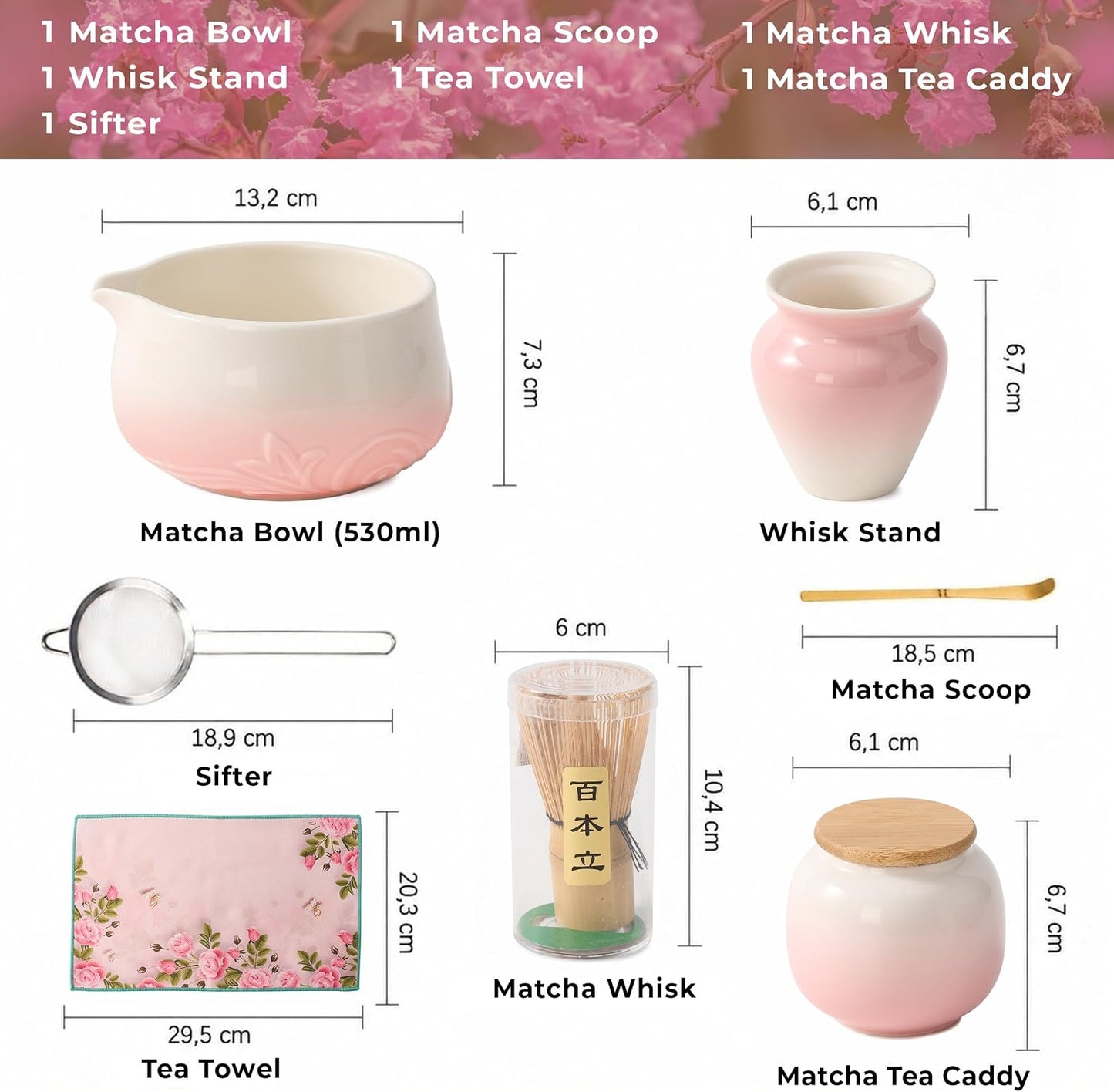8Pcs Matcha Whisk Set - Matcha Whisk Set with Ceramic Matcha Bowls | Japanese Tea Set | Matcha Shaker | Matcha Making Kit | Matcha Set | Pink Matcha Kit
