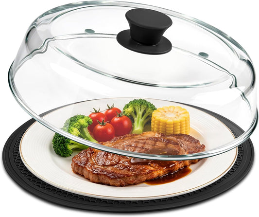 10Inch Glass Microwave Splatter Cover for Food with Silicone Mat – Heat Resistant Plate Splatter Guard Lid with Vent Holes & Easy-Grip Handle – BPA Free, Dishwasher Safe