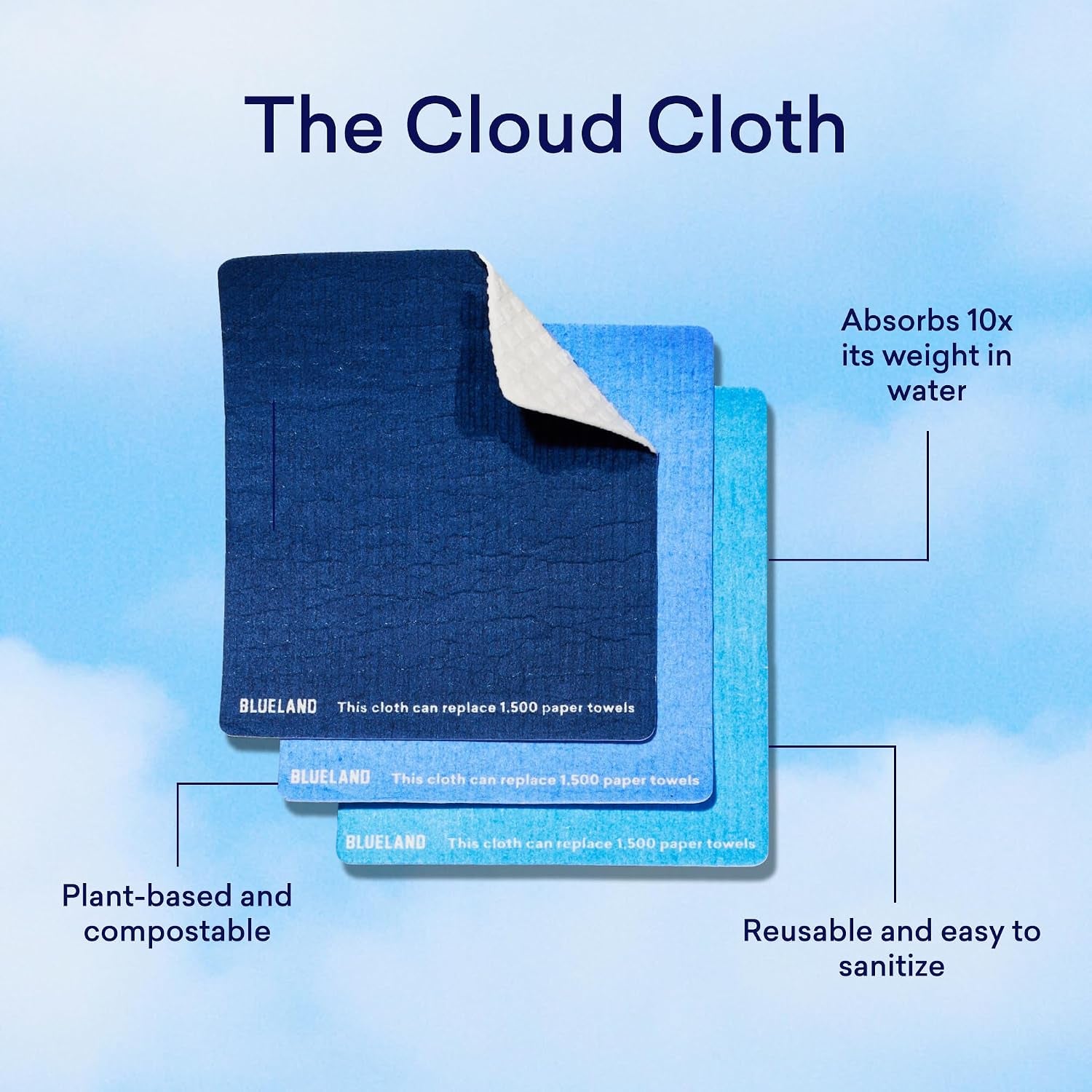 Cloud Cloth, 3-Pack, Reuseable Paper Towel Replacement, Natural Swedish Dish Kitchen Sponge