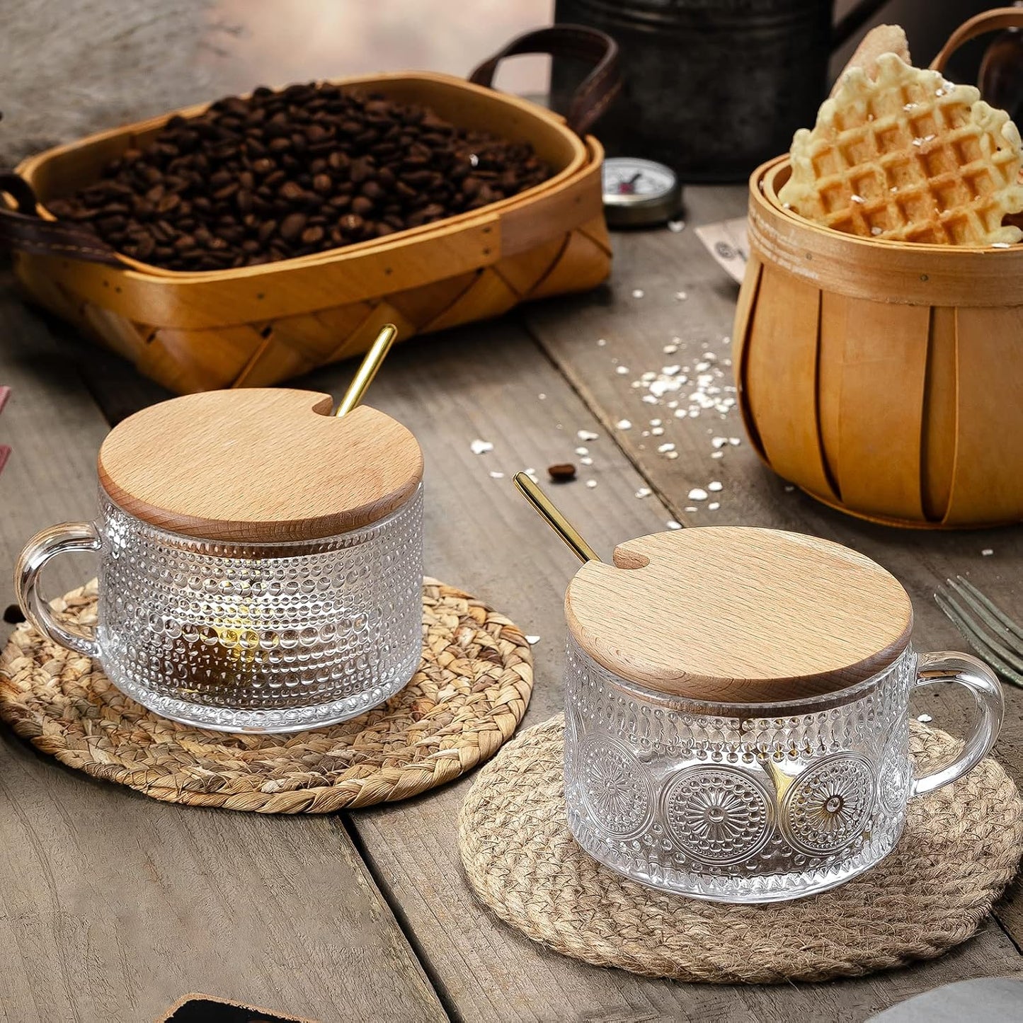 Vintage Glass Coffee Mugs with Wooden Lids 14 Oz Set of 2 Embossed Tea Cups for Cappuccino, Latte,Cereal, Beverage Christmas Thanksgiving Day Gifts