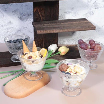 Glass Dessert Bowls Breakfast Cups,Dessert Cups Set of 4, 9Oz Glass Ice Cream Sundae Cups，Glass Dessert Bowls, for Oats，Ice Cream, Milk, Sorbet, Yogurt (4PCS), Transparent, D-1059