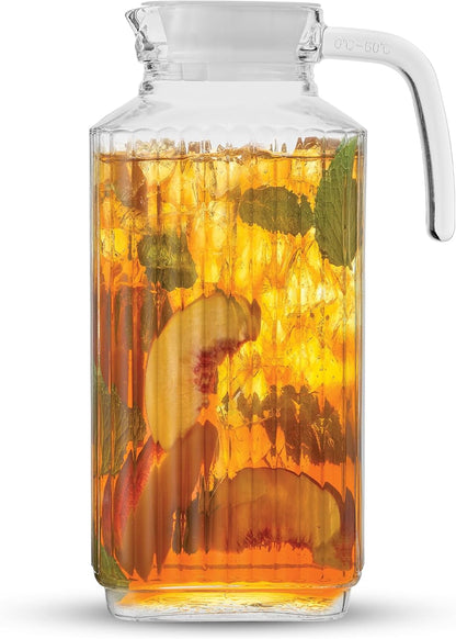 60Oz Glass Pitcher with Lid (2 Lids) - Beverage Serveware and Storage Container for Cold Drinks and Liquids. Juice Container, Water Jug, Fridge Pitcher for Iced Tea or Milk