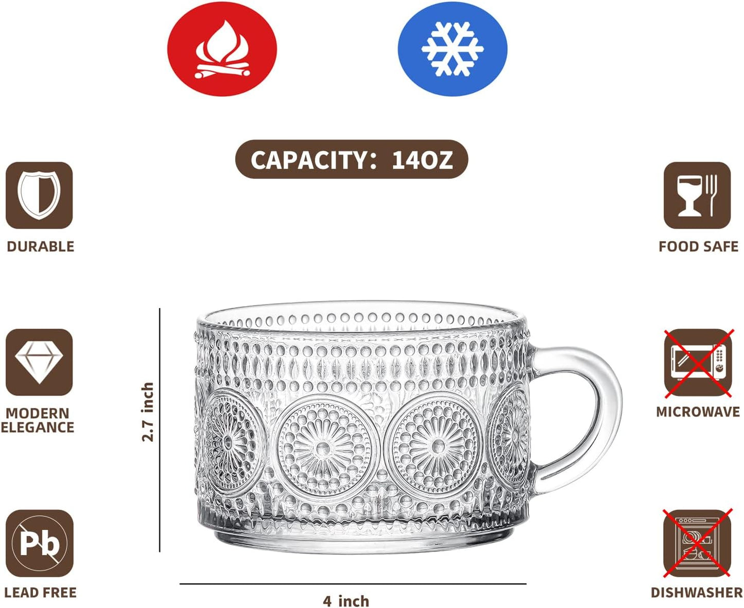 Vintage Glass Coffee Mugs with Wooden Lids 14 Oz Set of 2 Embossed Tea Cups for Cappuccino, Latte,Cereal, Beverage Christmas Thanksgiving Day Gifts