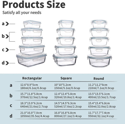 15 Packs Glass Food Storage Container with Airtight Lids,Stackable Square Meal Prep Containers for Kitchen Freezer,Round Glass Lunch Box