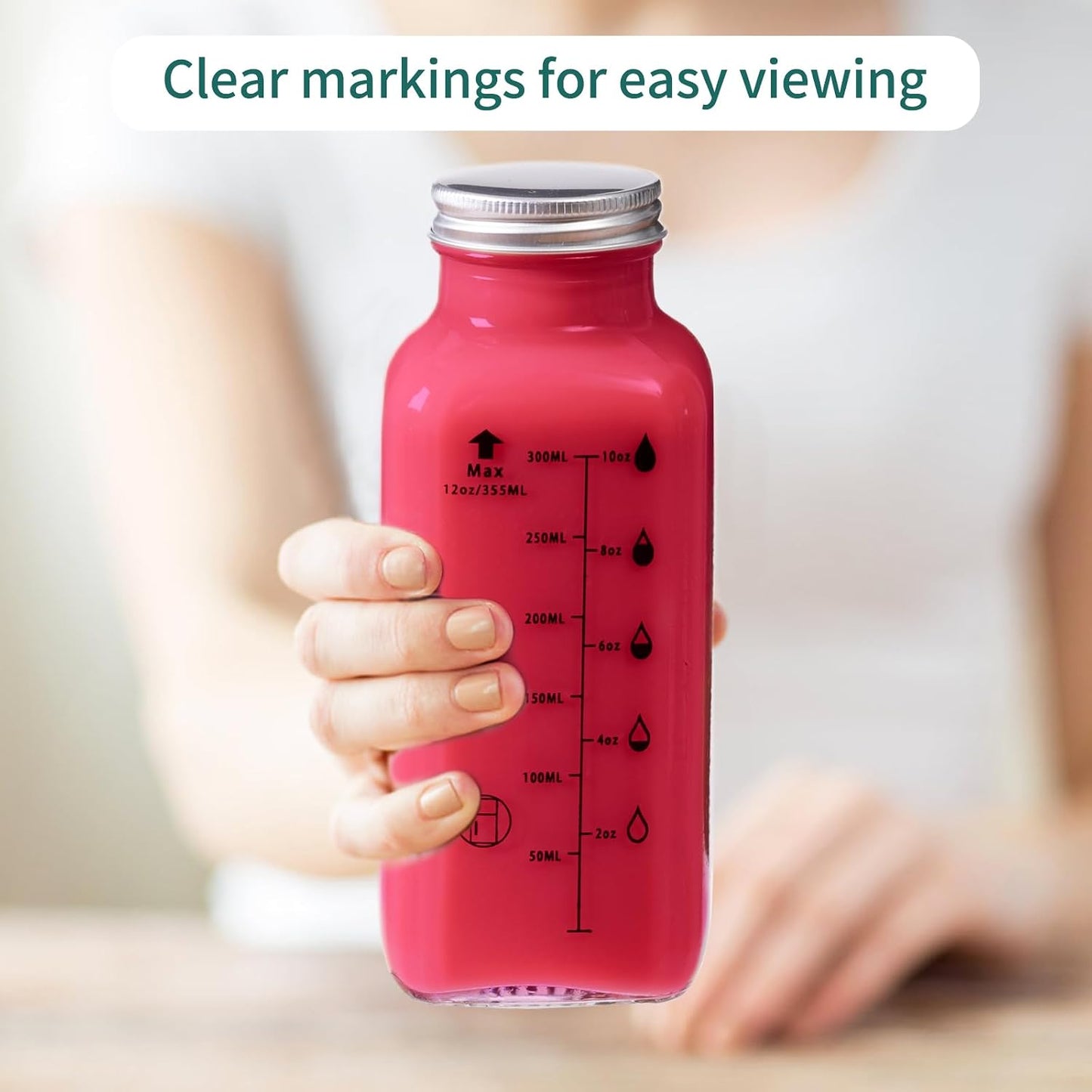 Glass Bottles with Lids,12Oz Juice Bottles Set of 6, Leak-Proof Glass Cups, Glass Bottles with Labels and Brushes and for Sports, Wide Mouth, Glass Juice Bottles with Lids Accuracy Scale