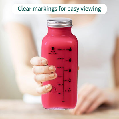 Glass Bottles with Lids,12Oz Juice Bottles Set of 6, Leak-Proof Glass Cups, Glass Bottles with Labels and Brushes and for Sports, Wide Mouth, Glass Juice Bottles with Lids Accuracy Scale