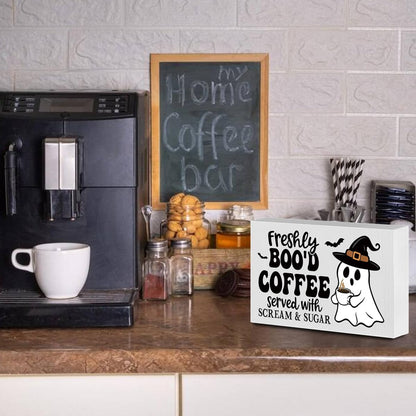 Coffee Bar Sign Cute Halloween Gifts for Women Kitchen Decor Wood Box Halloween Signs Indoor Freshly Booed Coffee Ghost Decor