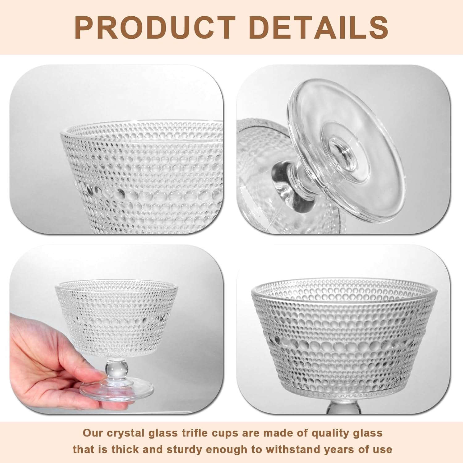 Glass Dessert Bowls Breakfast Cups,Dessert Cups Set of 4, 9Oz Glass Ice Cream Sundae Cups，Glass Dessert Bowls, for Oats，Ice Cream, Milk, Sorbet, Yogurt (4PCS), Transparent, D-1059