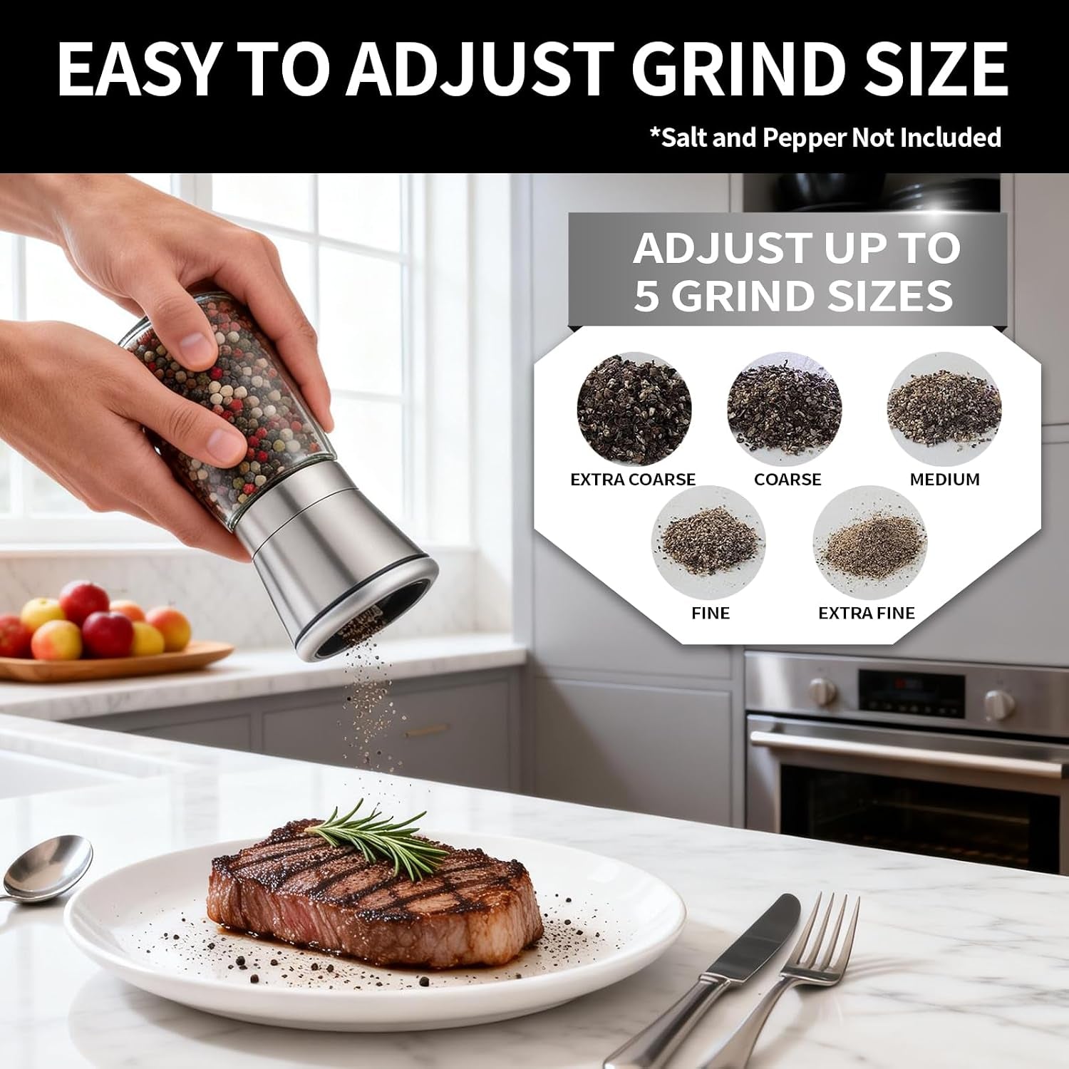 Premium Salt and Pepper Grinder Set of 2, Refillable Stainless Steel Spice Shakers with Adjustable Coarseness, Easy Clean Durable Ceramic Mills, Include Silicone Funnel & Cleaning Brush (5.3"H-2 Pack)