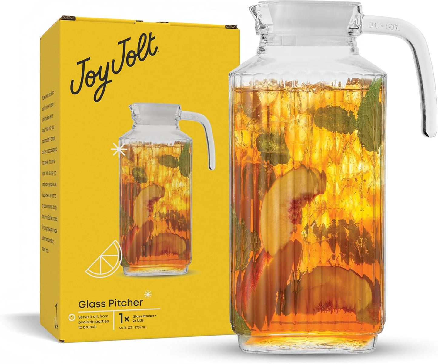 60Oz Glass Pitcher with Lid (2 Lids) - Beverage Serveware and Storage Container for Cold Drinks and Liquids. Juice Container, Water Jug, Fridge Pitcher for Iced Tea or Milk